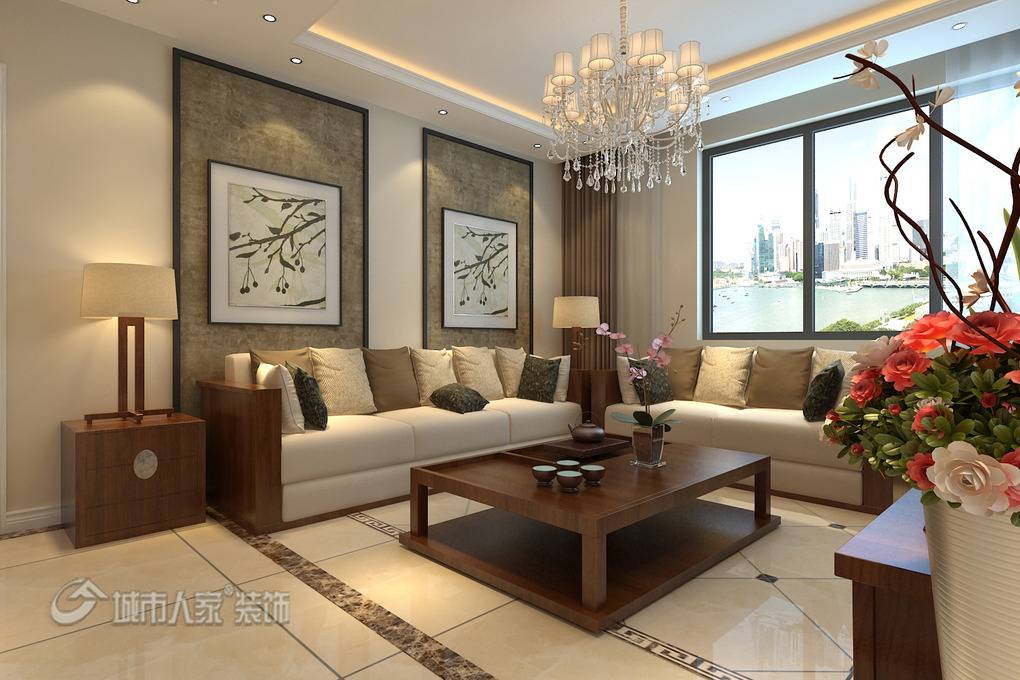 点击大图看下一张：中式中式风格新中式客厅背景墙沙发客厅沙发设计案例展示
