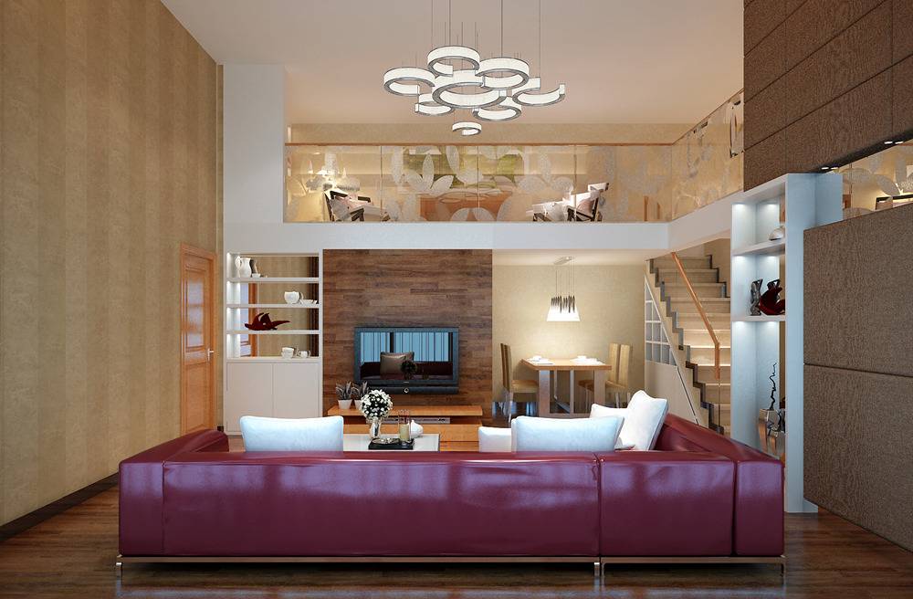 点击大图看下一张：现代客厅跃层吊顶电视背景墙设计方案