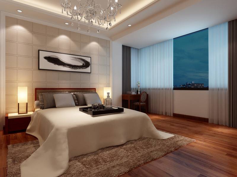 点击大图看下一张：现代卧室单身公寓吊顶窗帘装修案例