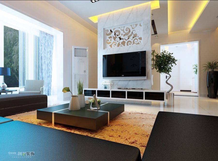 点击大图看下一张：现代简约客厅吊顶窗帘电视柜电视背景墙设计案例