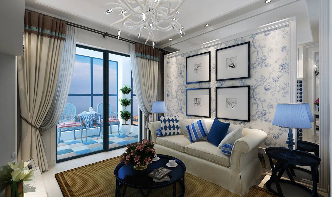 点击大图看下一张：地中海客厅窗帘沙发台灯门窗设计方案