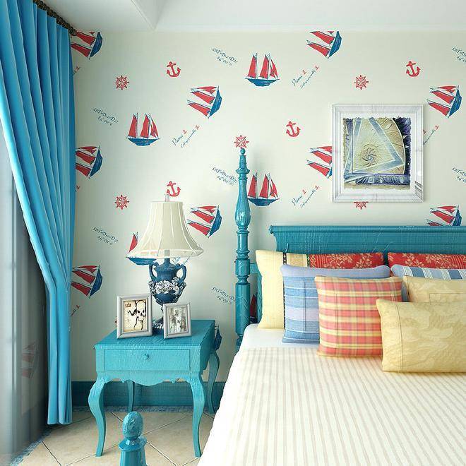点击大图看下一张：地中海混搭地中海风格卧室壁纸图片