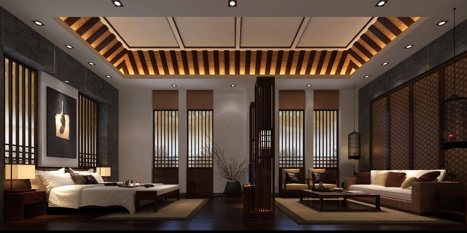 点击大图看下一张：新中式客厅卧室装修图