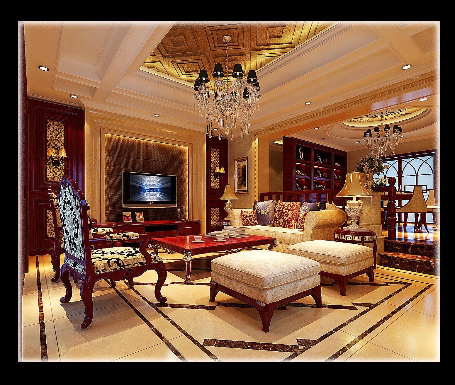 点击大图看下一张：中式美式客厅设计图
