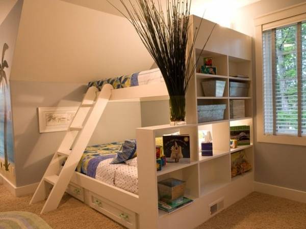 点击大图看下一张：现代简约儿童房双层儿童床装修效果展示