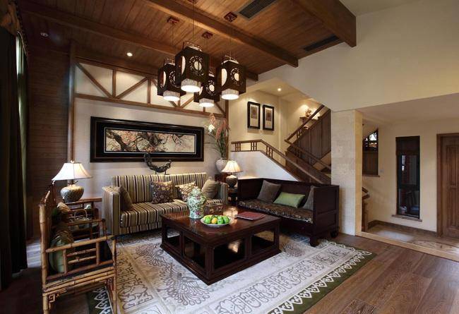 点击大图看下一张:中式现代客厅背景墙椅藤椅设计案例展示