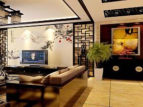 中式客厅吊顶电视背景墙装修图