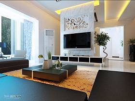 现代简约客厅吊顶窗帘电视柜电视背景墙设计案例